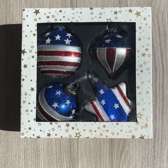 Vintage Lubeck Blown Glass Ornaments Patriotic Red White Blue Stars - Picture 2 of 7
